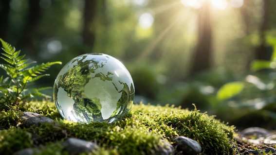 Glasglobus auf Moos im Wald, symbolisiert nachhaltige Webseiten, Green Hosting und umweltfreundliche Technik